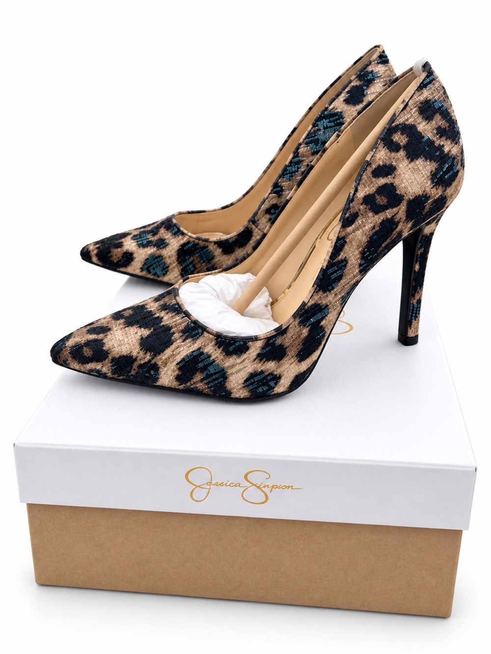 Jessica Simpson Leopard-Print Pointed Toe Stiletto Pump in Tan, Black & Teal - Picture 3 of 3